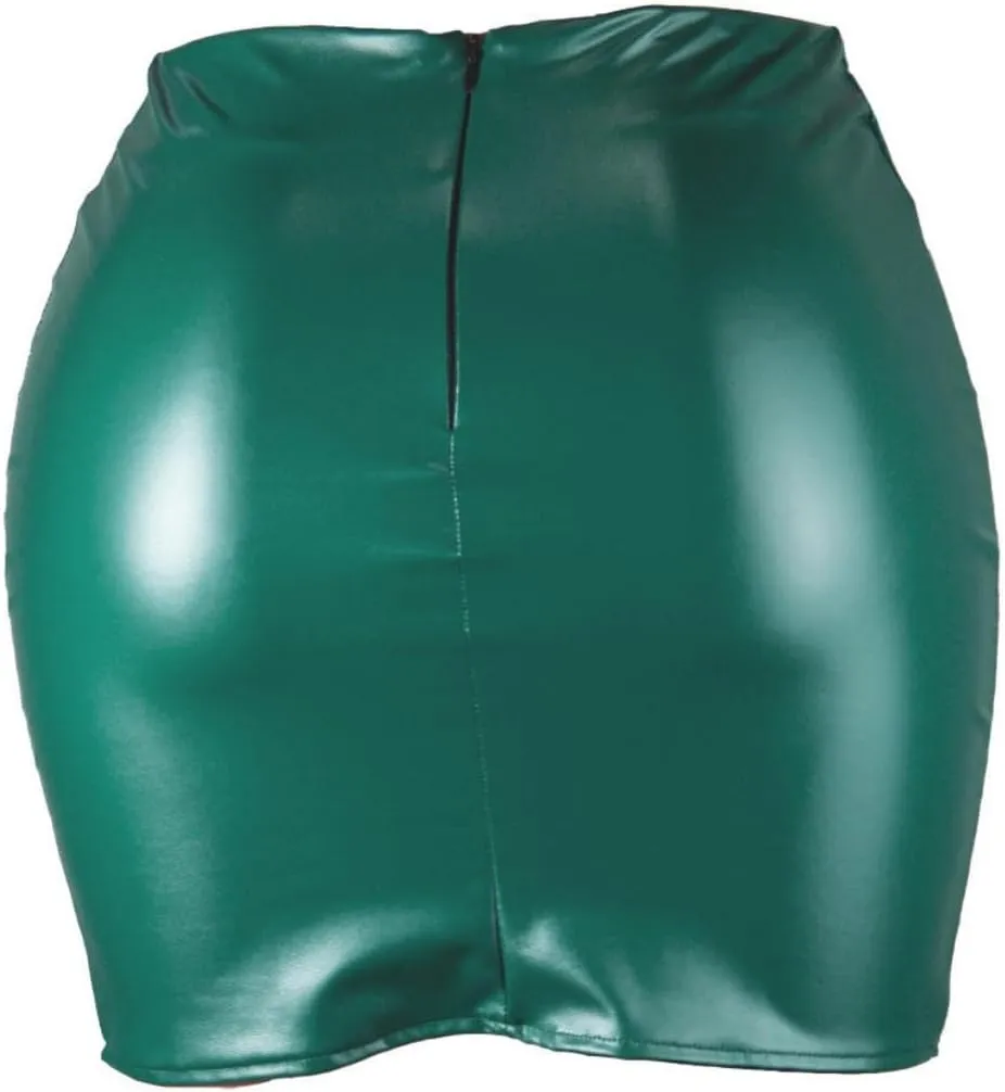 Women PU Leather Bodycon Short Skirt High Waisted Stretchy Asymmetrical Split Hem Hip Wrap Mini Skirt
