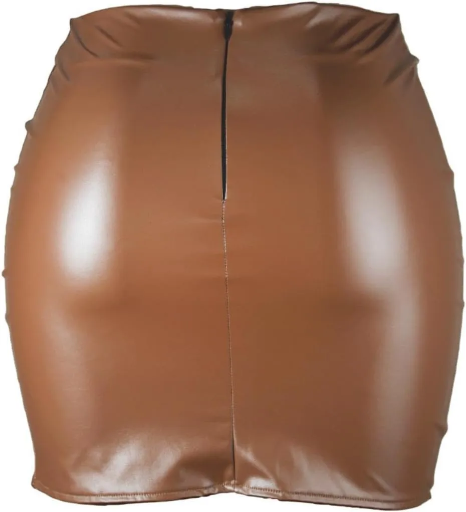 Women PU Leather Bodycon Short Skirt High Waisted Stretchy Asymmetrical Split Hem Hip Wrap Mini Skirt