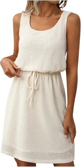Women Summer Sleeveless Maxi Sundress Casual Round Neck Racerback Beach Tank Dresses Trendy Drawstring Blouson Dress