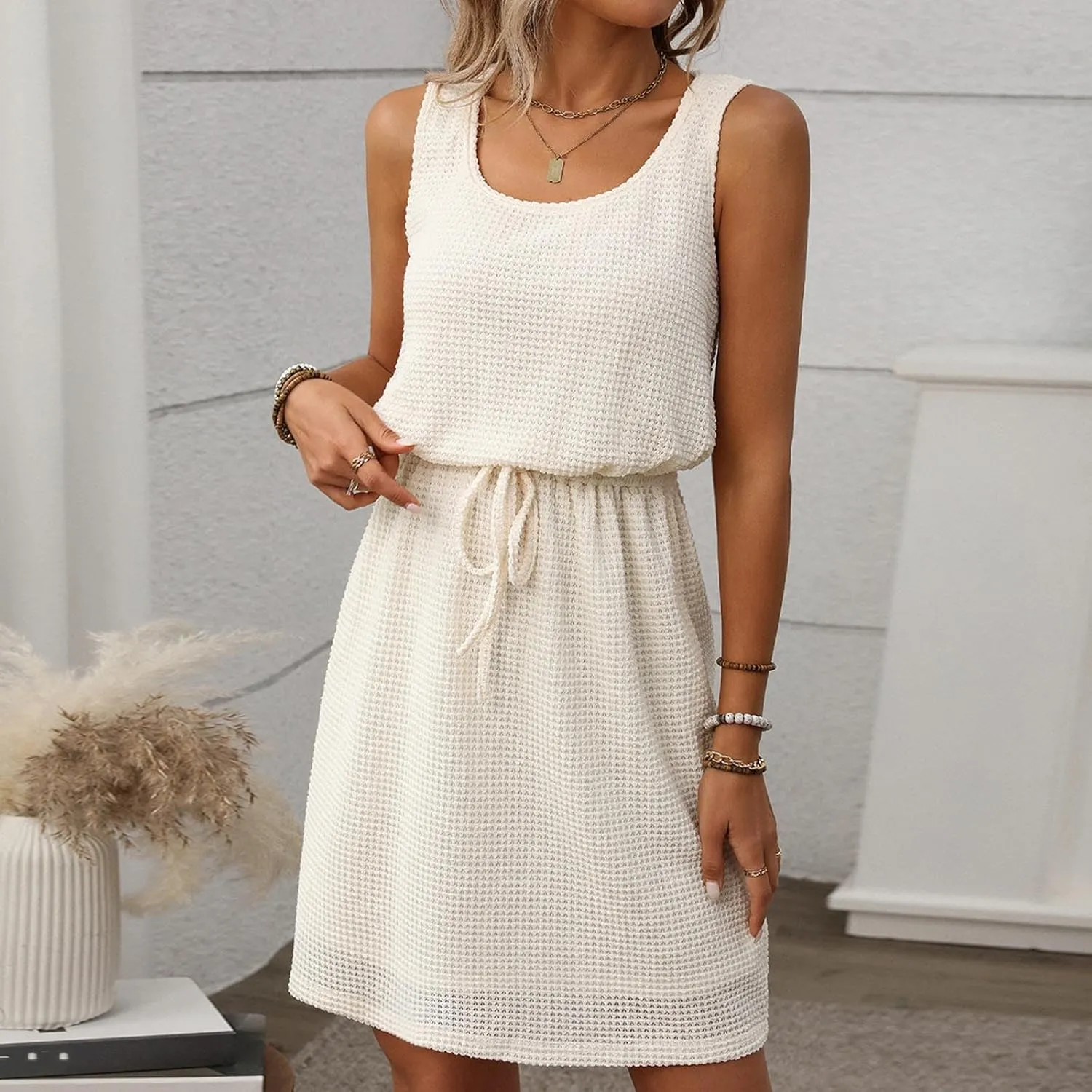Women Summer Sleeveless Maxi Sundress Casual Round Neck Racerback Beach Tank Dresses Trendy Drawstring Blouson Dress