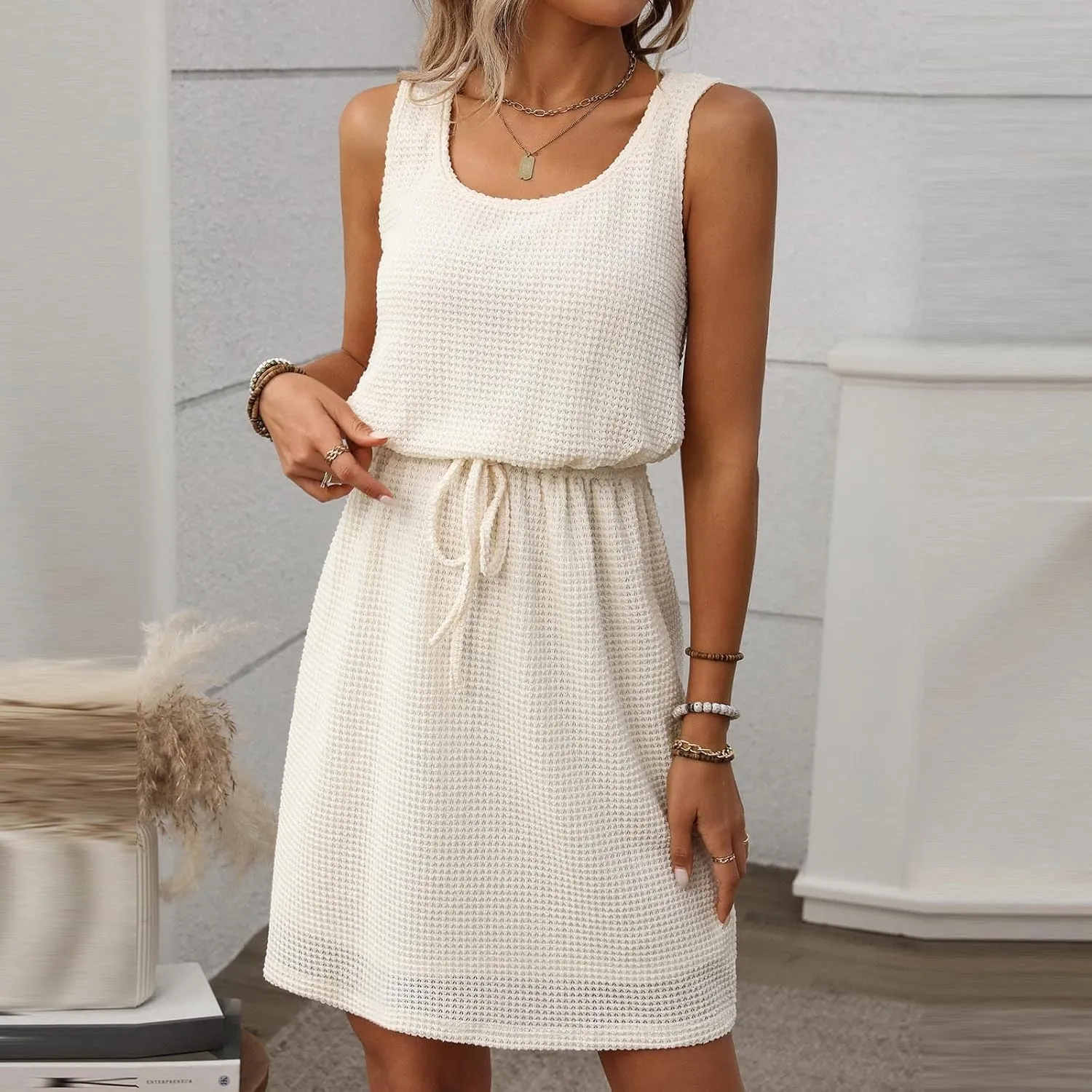 Women Summer Sleeveless Maxi Sundress Casual Round Neck Racerback Beach Tank Dresses Trendy Drawstring Blouson Dress