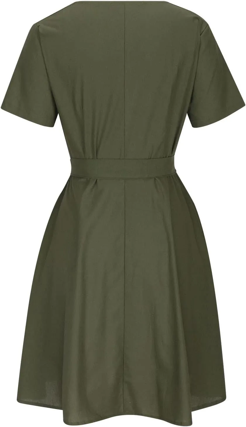 Women's 2025 Summer Dress Cotton Linen A-Line Dress Flowy V Neck Tie Waist High Waist Tshirt Dress Mini Wrap Sundress