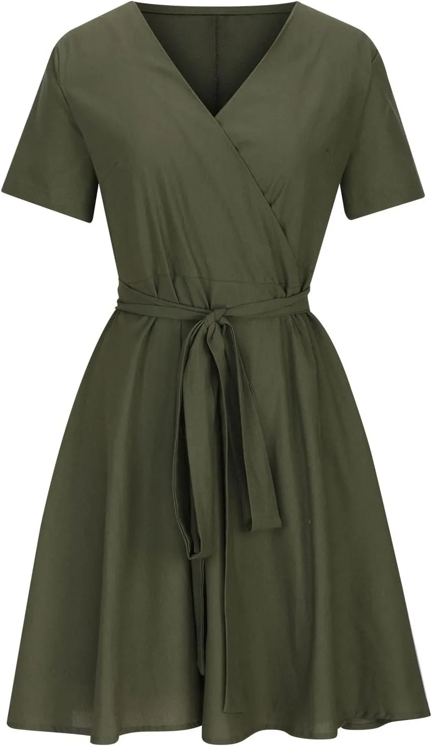 Women's 2025 Summer Dress Cotton Linen A-Line Dress Flowy V Neck Tie Waist High Waist Tshirt Dress Mini Wrap Sundress
