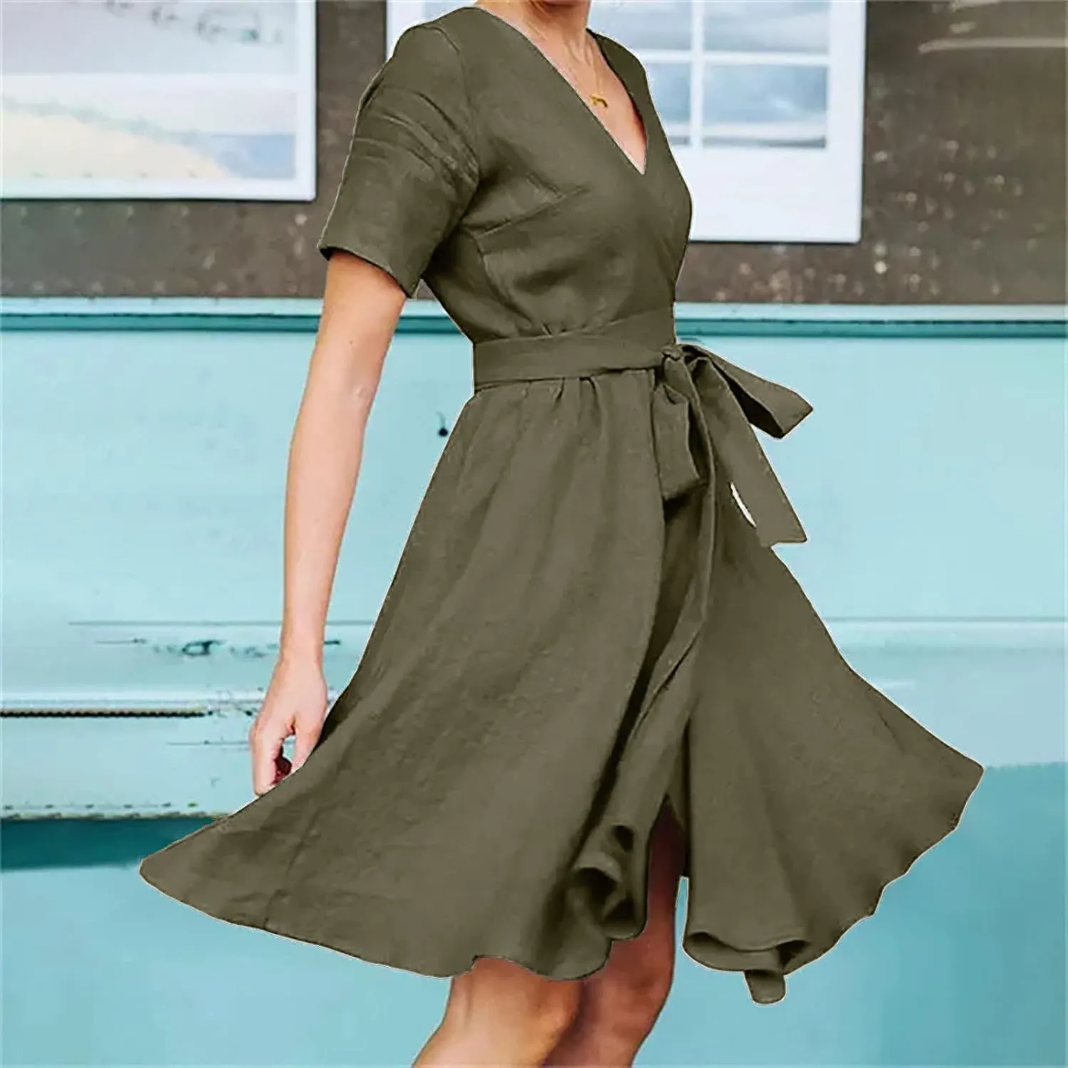 Women's 2025 Summer Dress Cotton Linen A-Line Dress Flowy V Neck Tie Waist High Waist Tshirt Dress Mini Wrap Sundress