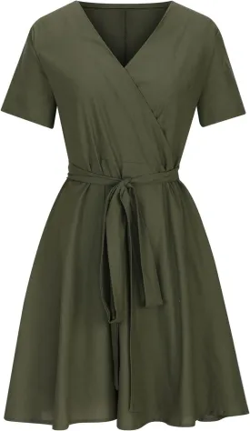 Women's 2025 Summer Dress Cotton Linen A-Line Dress Flowy V Neck Tie Waist High Waist Tshirt Dress Mini Wrap Sundress
