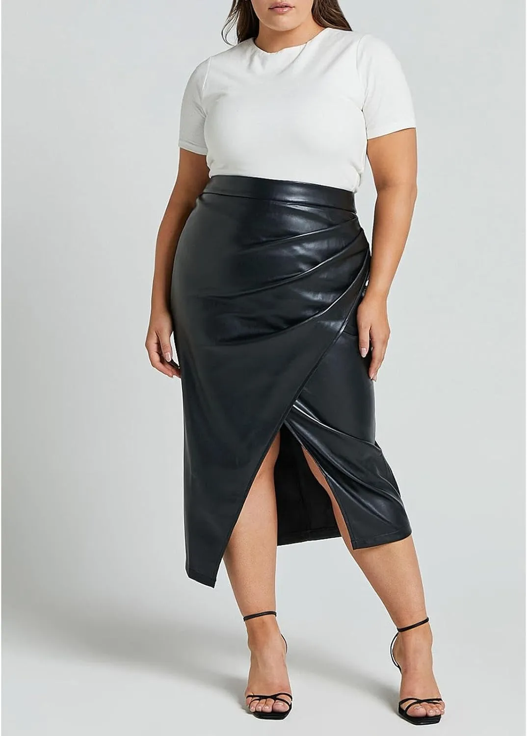 Women's Faux Leather Skirts Front Slit Ruched Tummy Control High Waist Bodycon Midi Pencil Skirt