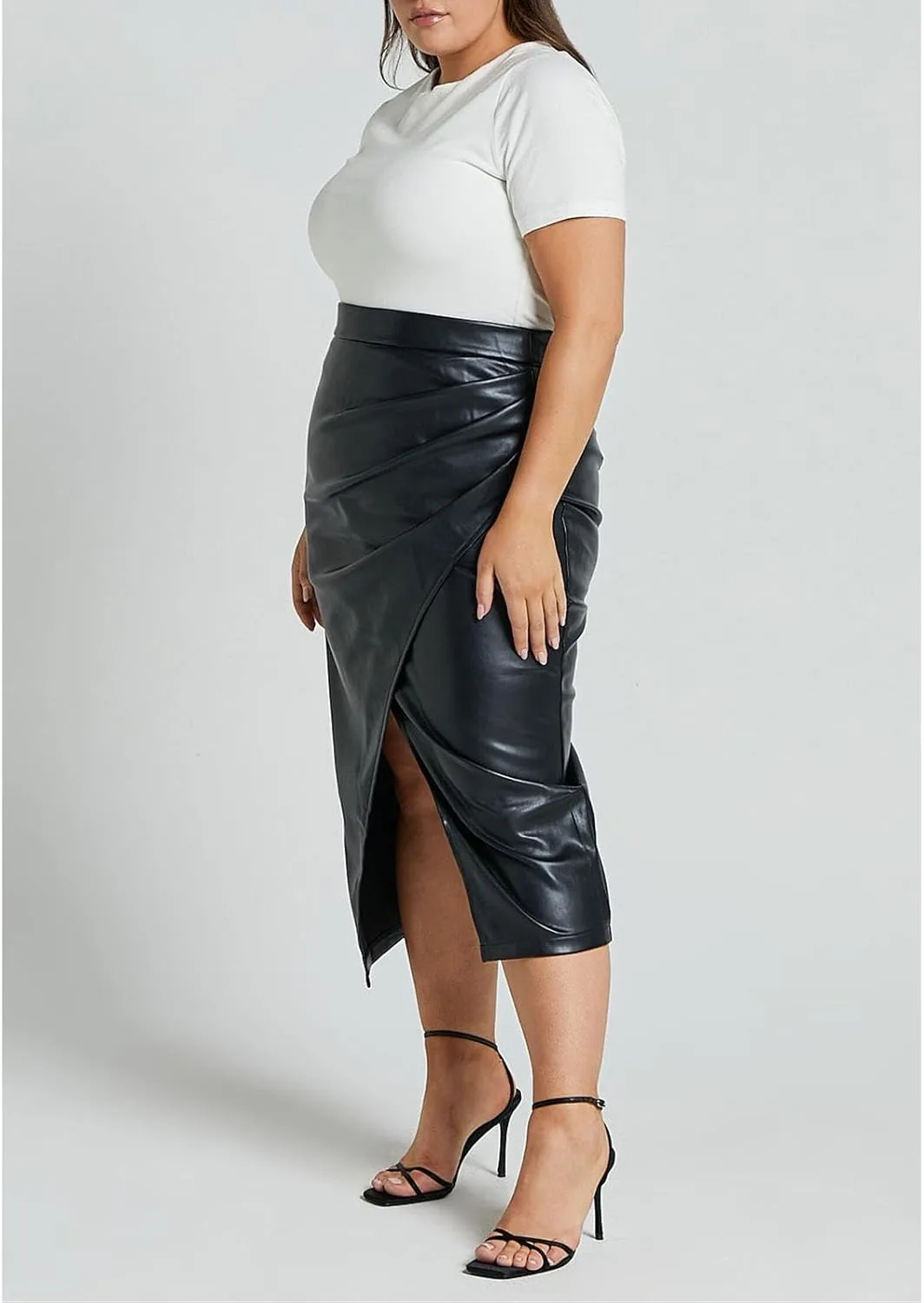 Women's Faux Leather Skirts Front Slit Ruched Tummy Control High Waist Bodycon Midi Pencil Skirt