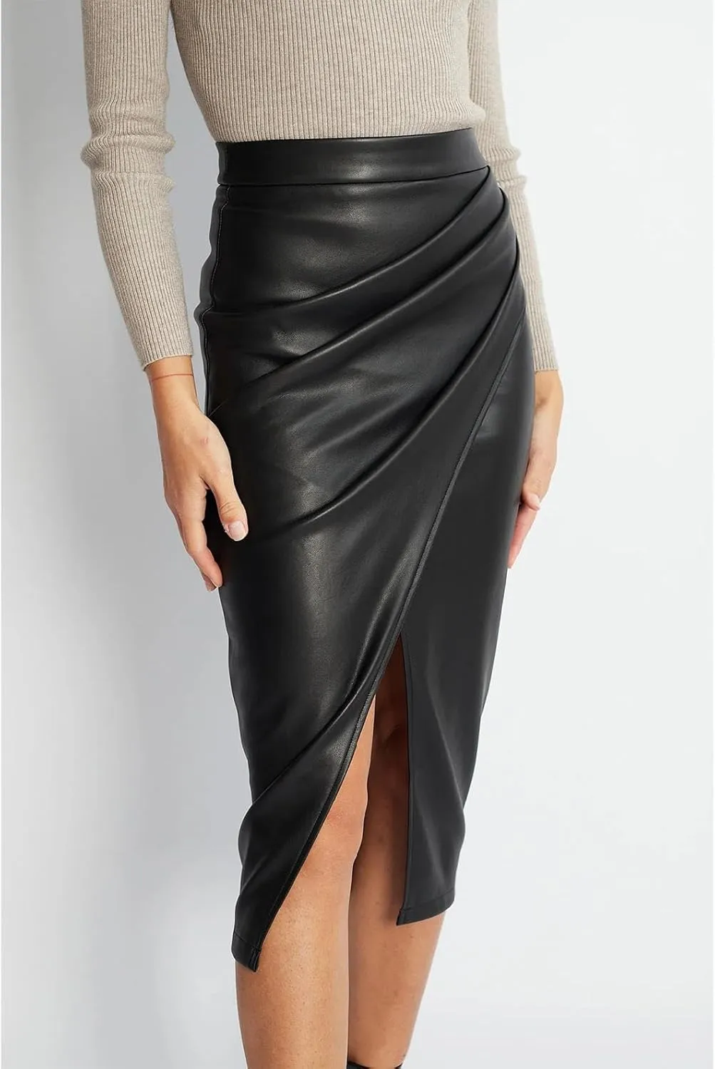Women's Faux Leather Skirts Front Slit Ruched Tummy Control High Waist Bodycon Midi Pencil Skirt