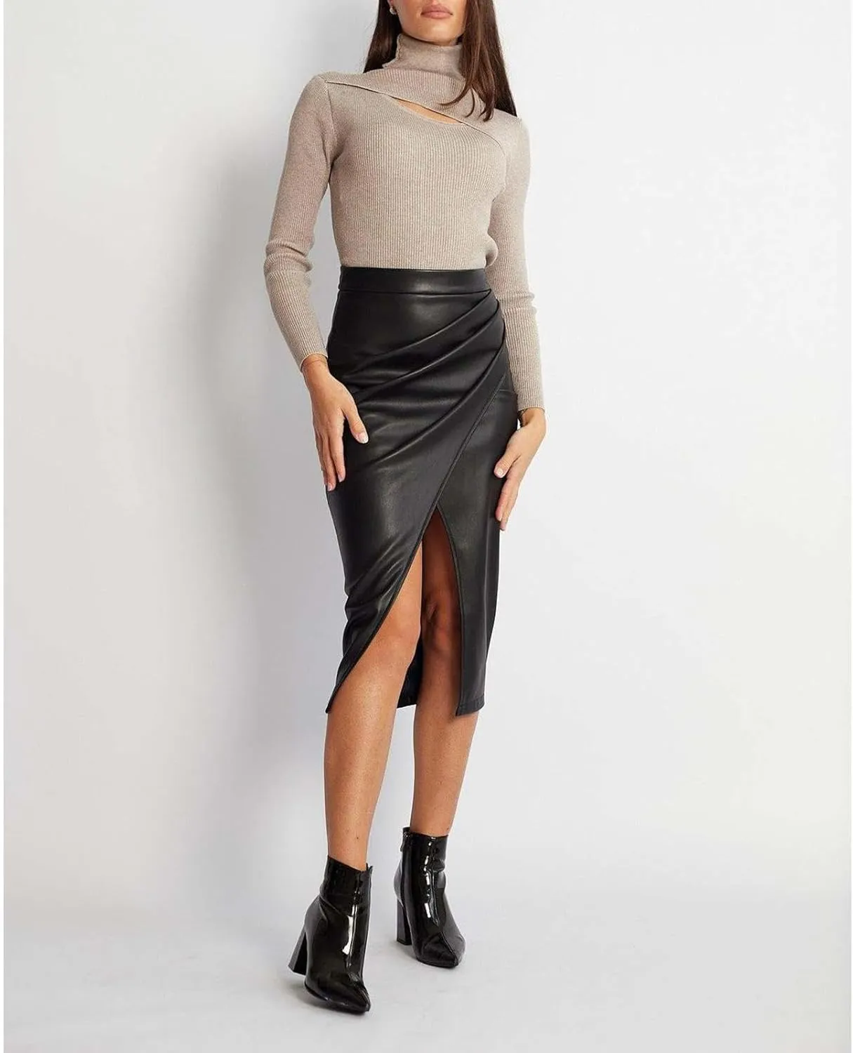 Women's Faux Leather Skirts Front Slit Ruched Tummy Control High Waist Bodycon Midi Pencil Skirt