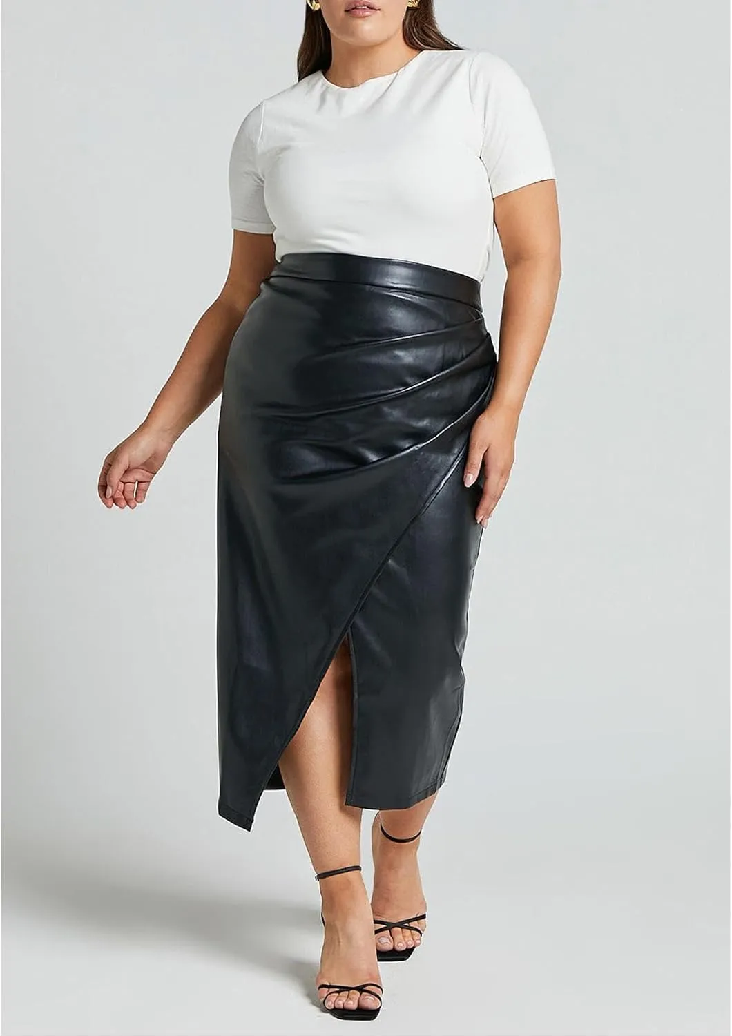 Women's Faux Leather Skirts Front Slit Ruched Tummy Control High Waist Bodycon Midi Pencil Skirt