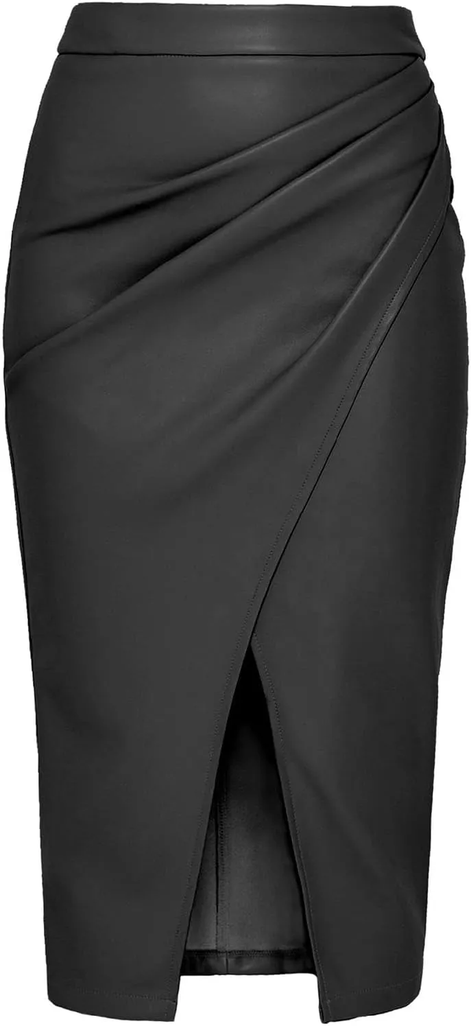 Women's Faux Leather Skirts Front Slit Ruched Tummy Control High Waist Bodycon Midi Pencil Skirt