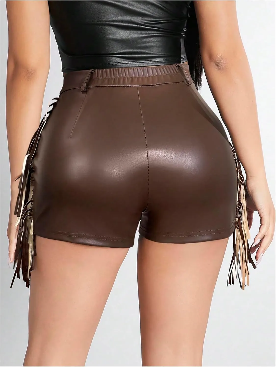 Women's Fringe Trim PU Leather Club Party Shorts Cowgirl Tassel High Waist Straight Leg Mini Shorts
