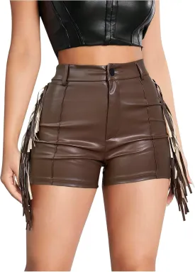 Women's Fringe Trim PU Leather Club Party Shorts Cowgirl Tassel High Waist Straight Leg Mini Shorts