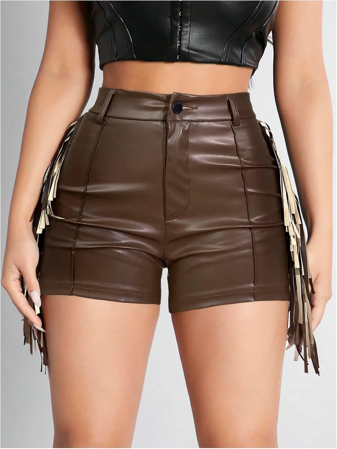 Women's Fringe Trim PU Leather Club Party Shorts Cowgirl Tassel High Waist Straight Leg Mini Shorts