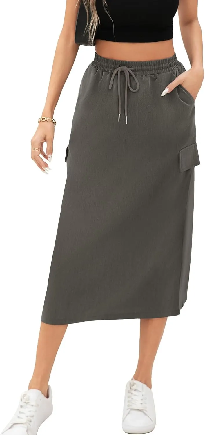 Women's Midi Cargo Skirt High Waist Drawstring Summer Slit Dressy Casual Skirts with Pockets