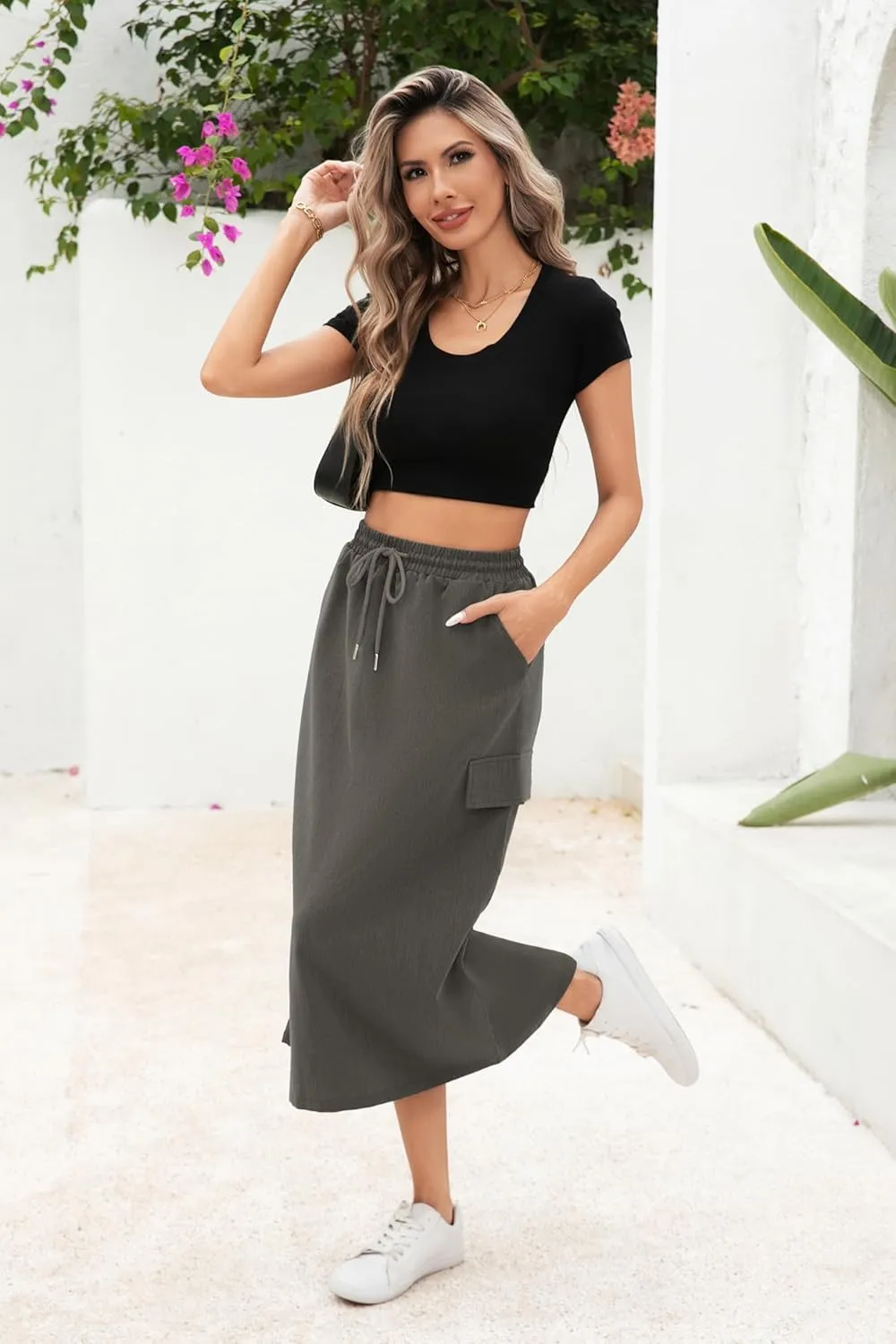 Women's Midi Cargo Skirt High Waist Drawstring Summer Slit Dressy Casual Skirts with Pockets