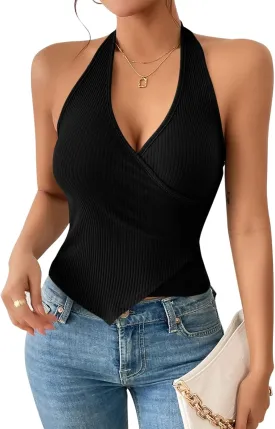 Womens Sexy Tank Tops Halter V Neck Sleeveless Wrap Shirts Asymmetrical Basic Tees Tops Blouses