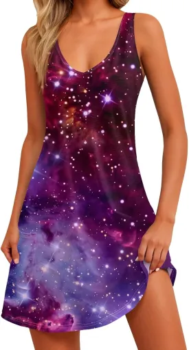 Women's Summer Dresses Vacation Printed Swimsuit Coverup Sleeveless Beach Sundress V Neck 2025 Dress with Pocket