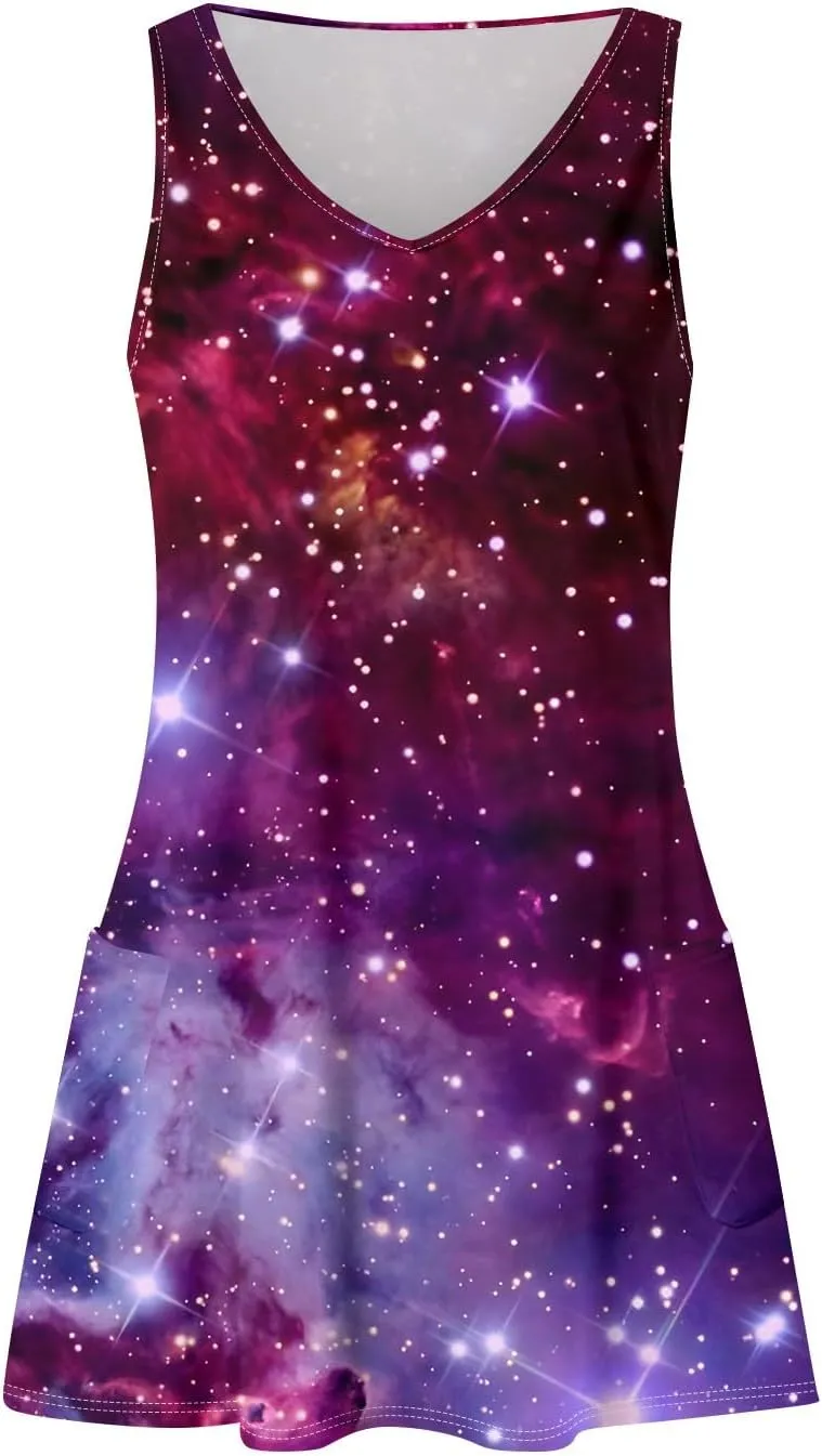 Women's Summer Dresses Vacation Printed Swimsuit Coverup Sleeveless Beach Sundress V Neck 2025 Dress with Pocket