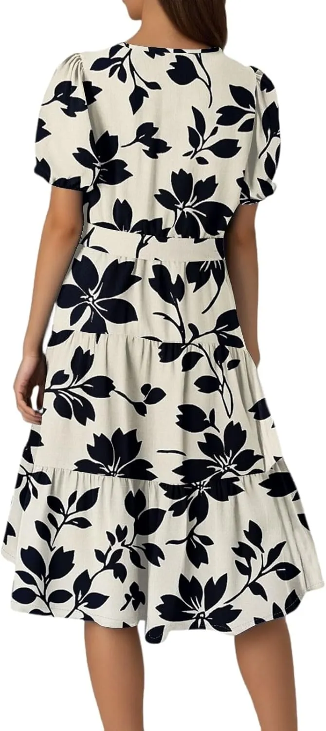 Womens Summer Floral Midi Dresses with Pockets Short Sleeve Crew Neck Waistband Boho Layered Ruffle Flowy Beach Dress