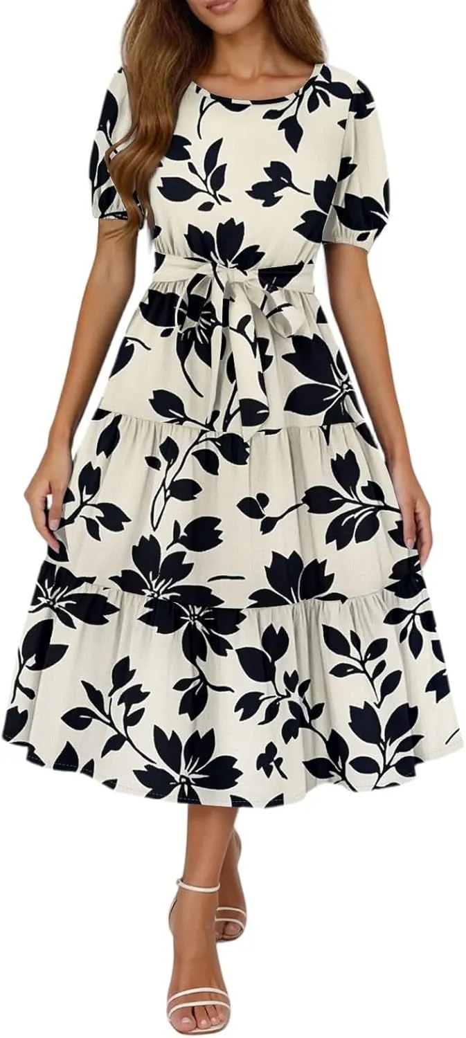 Womens Summer Floral Midi Dresses with Pockets Short Sleeve Crew Neck Waistband Boho Layered Ruffle Flowy Beach Dress