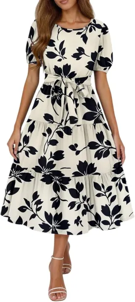 Womens Summer Floral Midi Dresses with Pockets Short Sleeve Crew Neck Waistband Boho Layered Ruffle Flowy Beach Dress