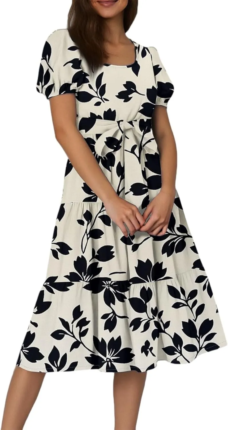 Womens Summer Floral Midi Dresses with Pockets Short Sleeve Crew Neck Waistband Boho Layered Ruffle Flowy Beach Dress