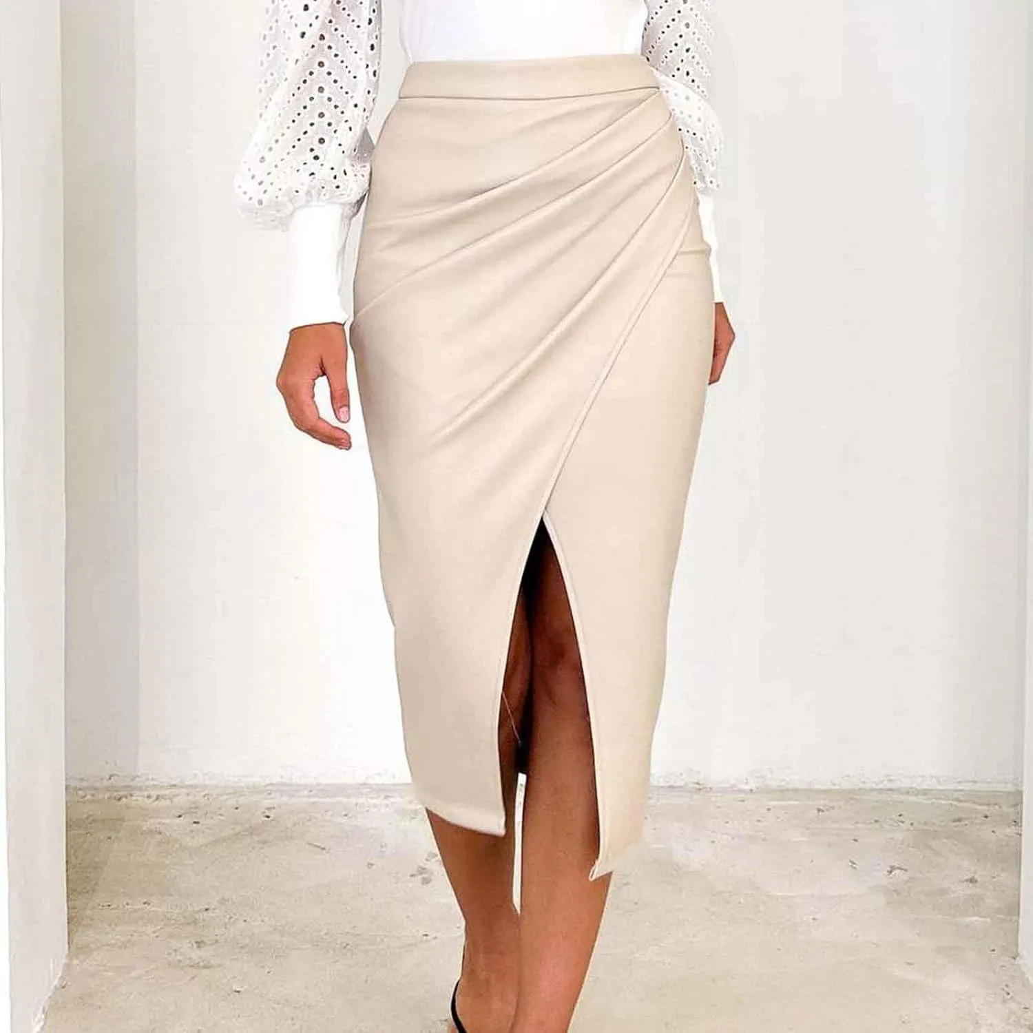 Women's Vintage Faux Leather Midi Skirt High Waisted Wrap Ruched Front Slit Zip Back Bodycon PU Pencil Skirts