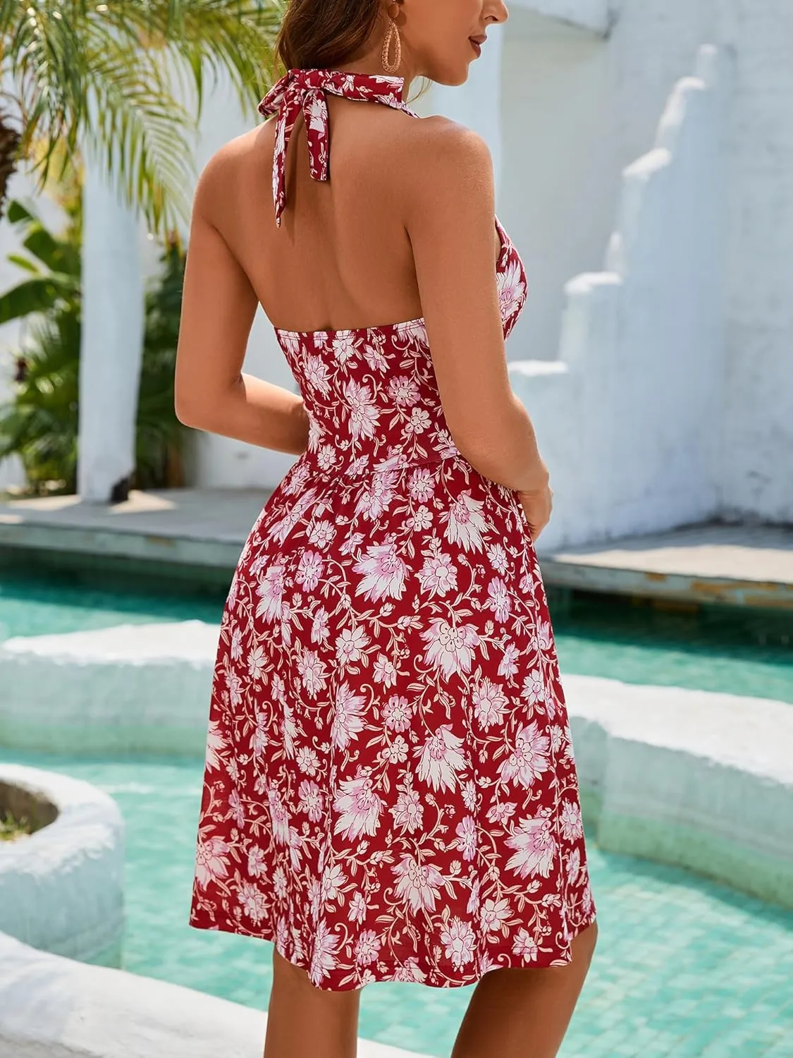 ZABERRY Women Summer Sundresses Halter Neck Deep V Tie Backless Floral Ruched Graduation Sun Dresses 2025 with Pockets