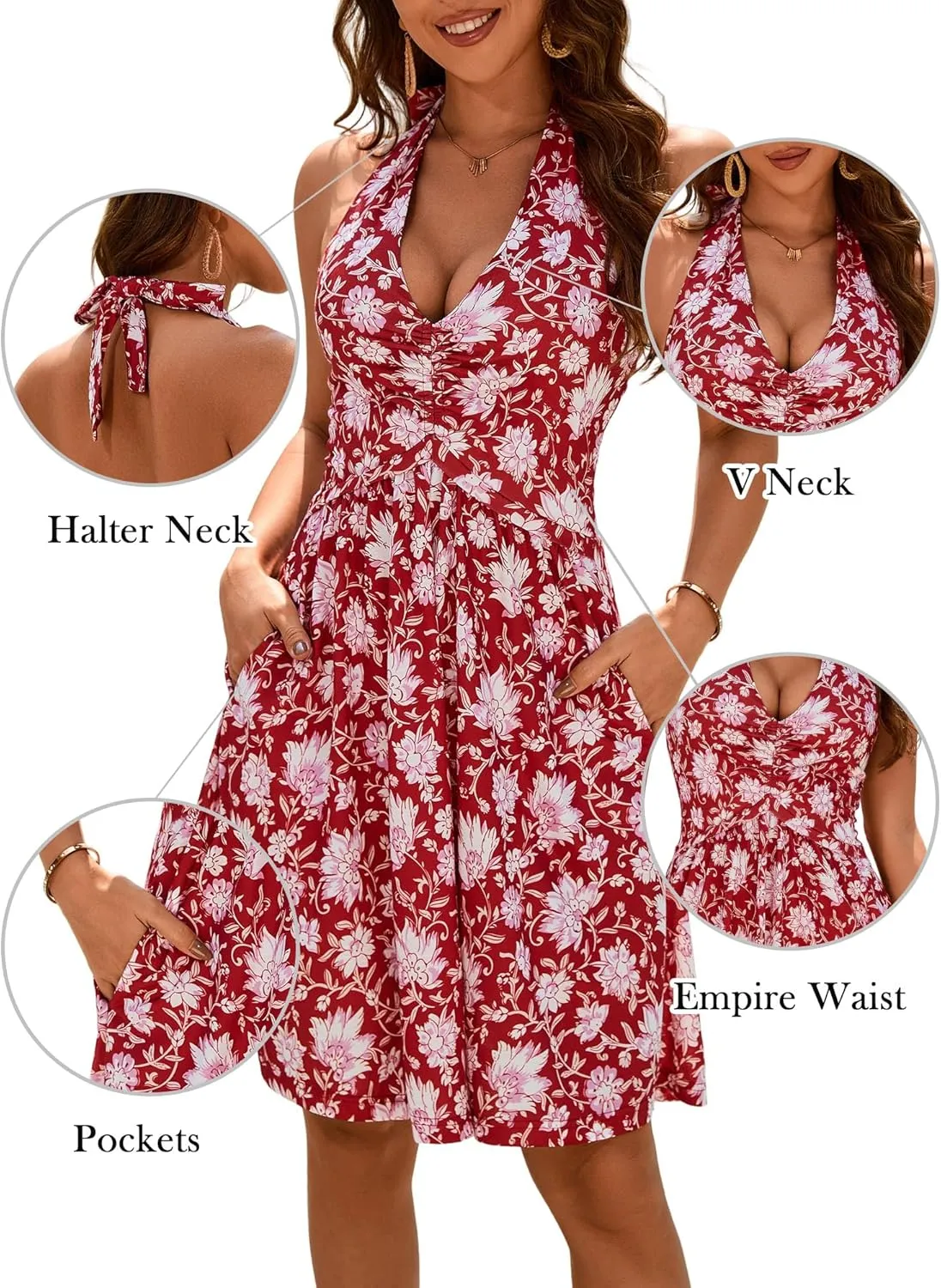 ZABERRY Women Summer Sundresses Halter Neck Deep V Tie Backless Floral Ruched Graduation Sun Dresses 2025 with Pockets